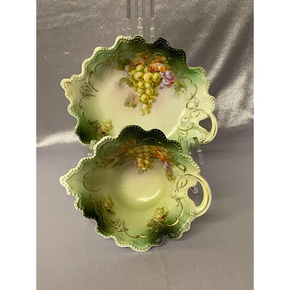 Two Antique Hand Painted Austria Bowl And Saucer Painted /Green Grapes PreOwned